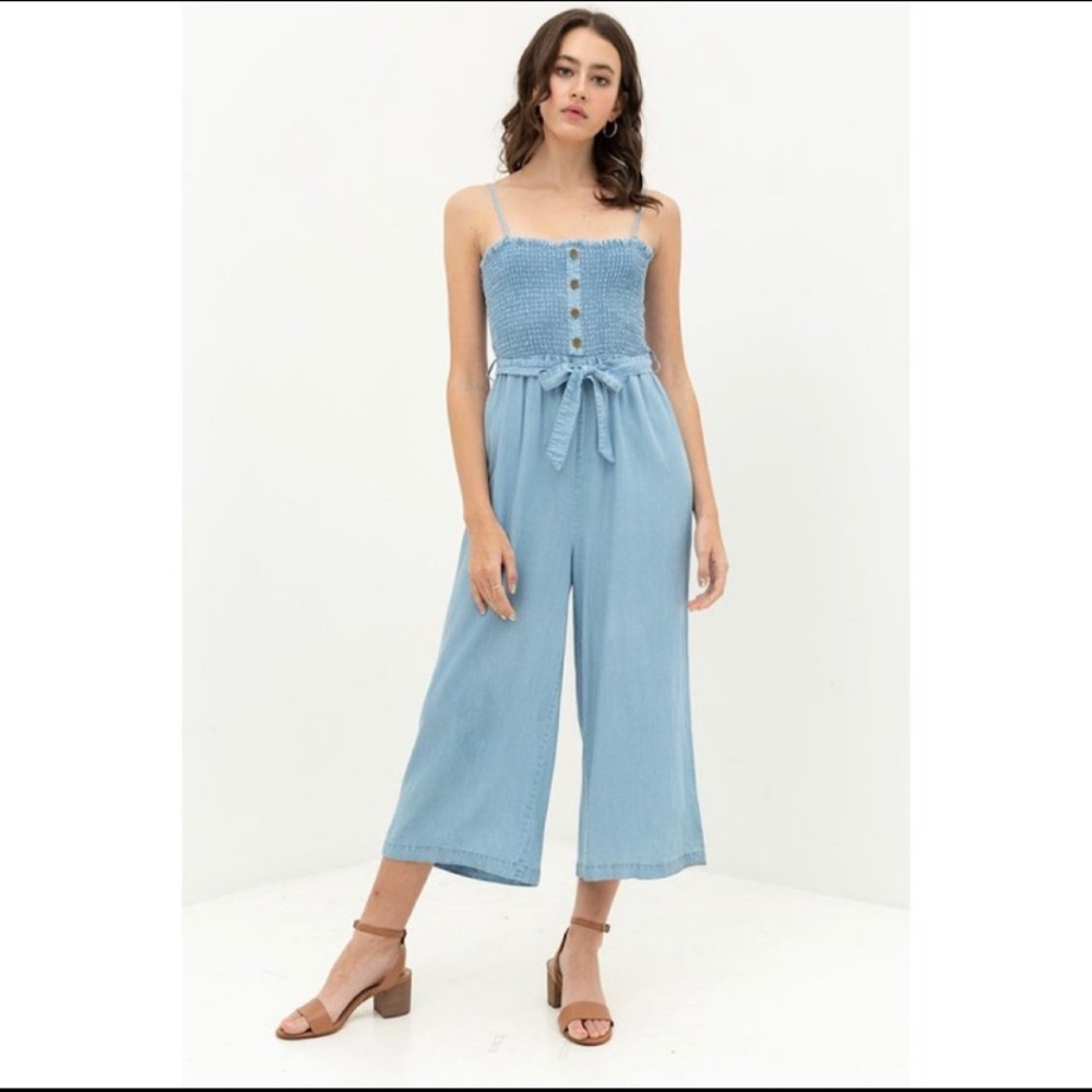 1 L Left!✨Denim Tencel Tie Waist Cropped Jumpsuit - Picture 4 of 7